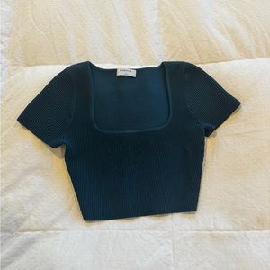 Babaton Aritzia sculpt ribbed square neck short sleeve t shirt crop top teal